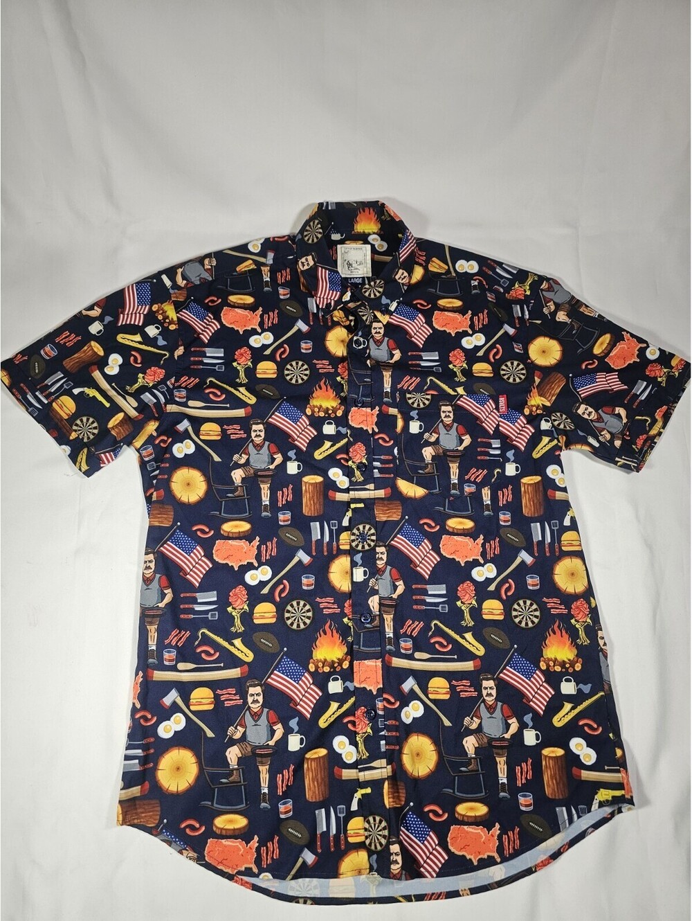 RSVLTS Men's Size LARGE City of Pawnee Parks & Rec Ron Swanson Patriotic 4th BBQ